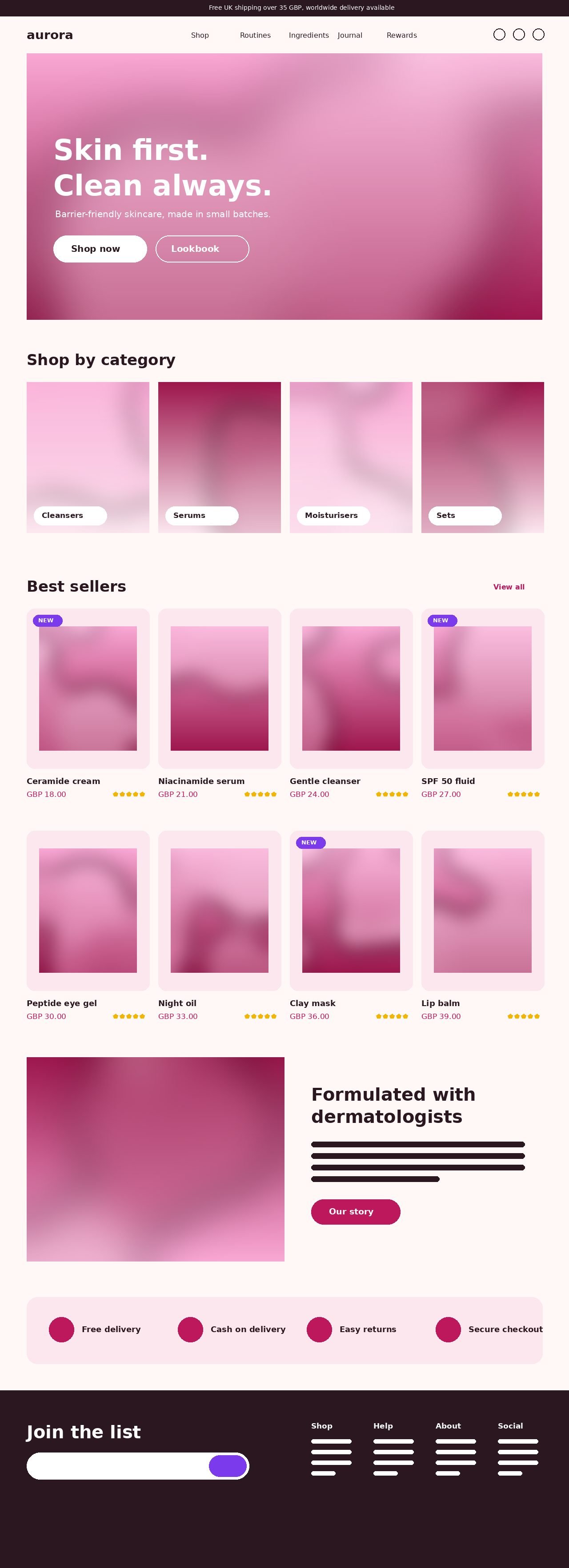 Aurora Skincare website on desktop
